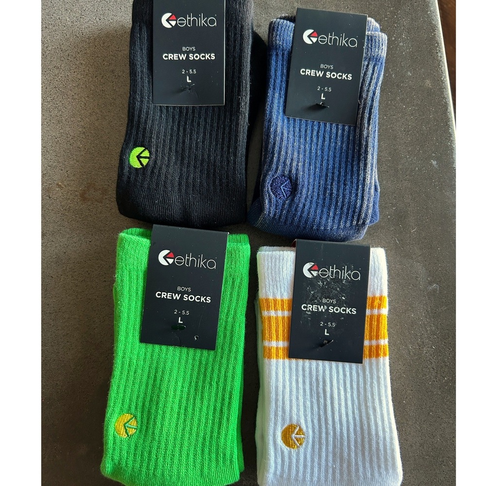 Ethika Boys Crew Socks 4 Pair Bundle Black Blue Green White Yellow Size L 2-5.5